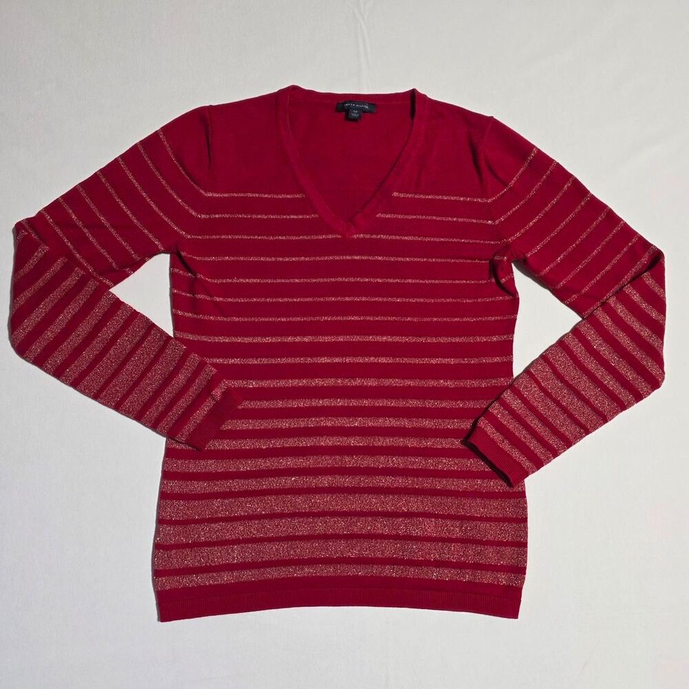 Tommy Hilfiger Red & Metallic Gold Striped V-Neck Knit Sweater Size Small